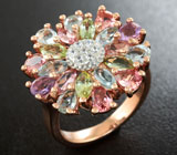 Праздничное серебряное кольцо с розовыми турмалинами, голубыми топазами, перидотами и аметистами Серебро 925
