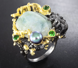 Серебряное кольцо с аквамарином, цветной жемчужиной и диопсидами Серебро 925