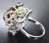 Серебряное кольцо с рутиловым кварцем, цветным жемчугом, перидотом и синими сапфирами Серебро 925