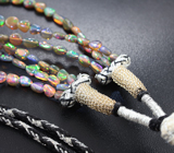 Опаловое колье в три нити из 130 эфиопских черных опалов 70+ карат 