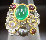 Серебряное кольцо с зеленым агатом, цветной жемчужиной, танзанитом и мозамбикскими гранатами Серебро 925