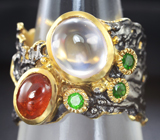 Серебряное кольцо с розовым кварцем, спессартином гранатом и диопсидами Серебро 925