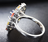 Праздничное серебряное кольцо с танзанитом и разноцветными сапфирами Серебро 925