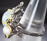 Серебряное кольцо с кабошоном аквамарина, жемчужиной и синими сапфирами Серебро 925
