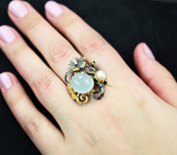 Серебряное кольцо с кабошоном аквамарина, жемчужиной и синими сапфирами Серебро 925