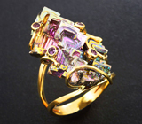 Золотое кольцо с кристаллами висмута 46,06 карата и родолитами Золото
