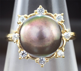 Золотое кольцо с цветной морской жемчужиной и лейкосапфирами 6,82 карата! Титановый люстр Золото