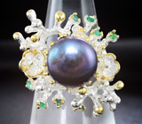Серебряное кольцо с цветной жемчужиной и изумрудами Серебро 925