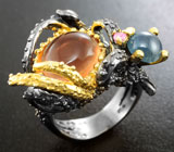 Серебряное кольцо с оранжевым флюоритом, синим и розовым сапфирами Серебро 925