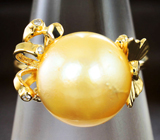Золотое кольцо с золотистой морской жемчужиной 14,5 карата и бриллиантами Золото