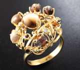 Золотое кольцо с хризобериллами, александритом, гранатами с александритовым эффектом и бриллиантами 5,53 карата Золото