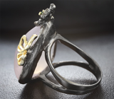 Серебряное кольцо с розовым кварцем и диопсидом