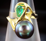 Золотое кольцо с цветной жемчужиной 5,15 карата и изумрудом! Титановый люстр Золото