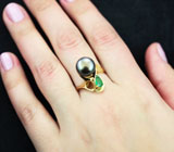 Золотое кольцо с цветной жемчужиной 5,15 карата и изумрудом! Титановый люстр