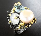 Серебряное кольцо с жемчужиной, голубым топазом и лунным камнем