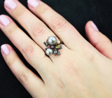 Изысканное серебряное кольцо с жемчугом и разноцветными сапфирами Серебро 925