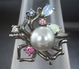 Черненое серебряное кольцо с цветной жемчужиной, эфиопскими опалами, родолитами и разноцветными сапфирами Серебро 925