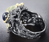 Серебряное кольцо с пренитом 13+ карат, звездчатым сапфиром, голубым топазом и перидотом Серебро 925