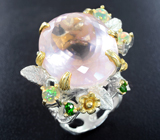 Серебряное кольцо с розовым кварцем 35 карат, кристаллическими эфиопскими опалами и диопсидами Серебро 925