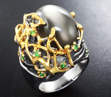 Серебряное кольцо с лунным камнем с эффектом кошачьего глаза 12,9 карата и цаворитами