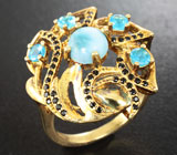 Чудесное серебряное кольцо с ларимаром, «неоновыми» апатитами и черными шпинелями Серебро 925