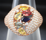 Эффектное серебряное кольцо с разноцветными сапфирами
