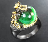 Серебряное кольцо с кабошоном зеленого апатита с «кошачьим глазом» 7+ карат и цитринами Серебро 925