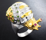 Скульптурное серебряное кольцо «Улитка» с перидотами и рубинами Серебро 925