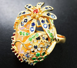 Эксклюзив! Золотое массивное кольцо с потрясающим эфиопским опалом 8,25 карата, разноцветными сапфирами, цаворитами и бриллиантами Золото