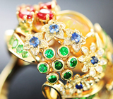 Эксклюзив! Золотое массивное кольцо с потрясающим эфиопским опалом 8,25 карата, разноцветными сапфирами, цаворитами и бриллиантами Золото