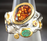 Серебряное кольцо с мексиканским огненным агатом, изумрудом и желтыми сапфирами Серебро 925