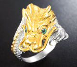 Скульптурное серебряное кольцо «Дракон» с родолитом гранатом и изумрудами Серебро 925