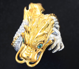 Скульптурное серебряное кольцо «Дракон» с родолитом гранатом и изумрудами Серебро 925
