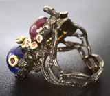Серебряное кольцо cо звездчатым рубином, сапфирами и родолитами Серебро 925