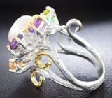 Серебряное кольцо с жемчужиной, аметистами, кристаллическими эфиопскими опалами и хризопразами Серебро 925
