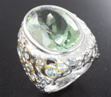 Серебряное кольцо с зеленым аметистом 13,97 карата и голубыми топазами Серебро 925