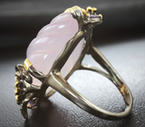 Серебряное кольцо с резным розовым кварцем 26+ карат и аметистами Серебро 925