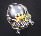 Скульптурное серебряное кольцо с цветной жемчужиной 46,45 карата и разноцветными сапфирами Серебро 925