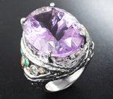 Серебряное кольцо с аметистом лазерной огранки 32,85 карата, изумрудами и разноцветными сапфирами