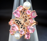 Изысканное серебряное кольцо с розовыми турмалинами, жемчугом и черными шпинелями Серебро 925