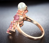 Изысканное серебряное кольцо с розовыми турмалинами, жемчугом и черными шпинелями Серебро 925