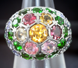 Роскошное серебряное кольцо с цитрином, разноцветными турмалинами, диопсидами, танзанитами и изумрудами Серебро 925