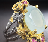 Серебряное кольцо с аквамарином 7+ карат и пурпурно-розовыми сапфирами Серебро 925