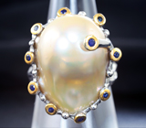Серебряное кольцо с жемчужиной барокко 33,38 карата и синими сапфирами Серебро 925