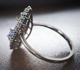 Чудесное серебряное кольцо с танзанитом, родолитом и диопсидом Серебро 925