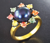 Серебряное кольцо с цветной жемчужиной и разноцветными сапфирами Серебро 925