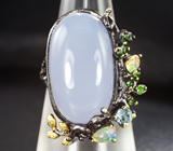 Серебряное кольцо c халцедоном 19+ карат, голубым топазом, кристаллическими эфиопскими опалами, диопсидами
