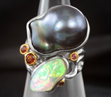 Серебряное кольцо с цветным жемчугом, кристаллическим эфиопским опалом, цитринами мадейра и сапфирами Серебро 925
