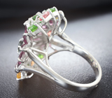 Эффектное серебряное кольцо с разноцветными сапфирами, родолитами и диопсидами Серебро 925