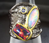 Серебряное кольцо с кристаллическими эфиопскими опалами топовых характеристик и синим сапфиром Серебро 925